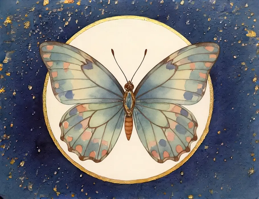 Krafttier finden und verstehen: Krafttier Schmetterling Das Bild zeigt eine Grafik eines Schmetterlings vor einem dunkelblauen Sternenhintergrund.
