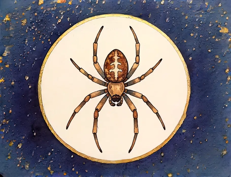 Krafttier finden und verstehen: Krafttier Spinne Das Bild zeigt eine Grafik einer Spinne vor einem dunkelblauen Sternenhintergrund.