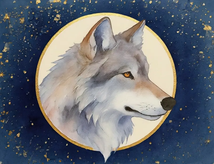 Krafttier finden und verstehen: Krafttier Wolf Das Bild zeigt eine Grafik eines Wolfs vor einem dunkelblauen Sternenhintergrund.