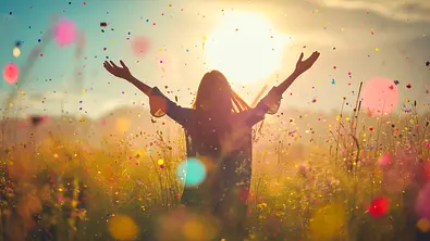 Eine Person steht mit erhobenen Armen in einer Blumenwiese im goldenen Sonnenlicht. Buntes Konfetti schwebt durch die Luft. - Foto: MaxStock/AdobeStock, KI generiert Eine Person steht mit erhobenen Armen in einer Blumenwiese im goldenen Sonnenlicht. Buntes Konfetti schwebt durch die Luft. - Foto: MaxStock/AdobeStock, KI generiert