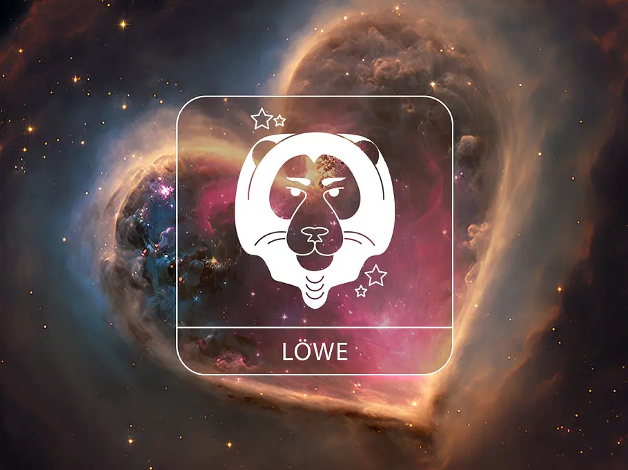 Sternzeichen Löwe vor einem kosmischen Herz aus dunklen und bunten Wolken