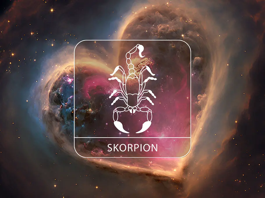 Sternzeichen Skorpion vor einem kosmischen Herz aus dunklen und bunten Wolken