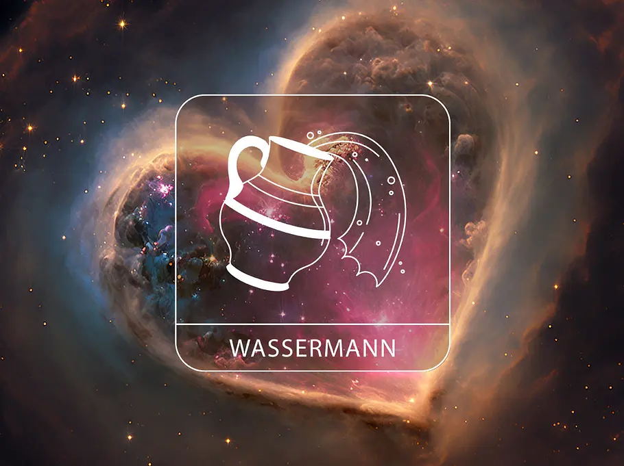 Sternzeichen Wassermann vor einem kosmischen Herz aus dunklen und bunten Wolken