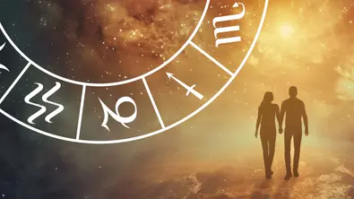 Ein Sternzeichenkreis neben einem verliebten Paar vor einem leuchtenden Hintergrund - Foto: Collage mit AdobeStock (Jeerawut, vectorfusionart) und Astrowoche.de Ein Sternzeichenkreis neben einem verliebten Paar vor einem leuchtenden Hintergrund - Foto: Collage mit AdobeStock (Jeerawut, vectorfusionart) und Astrowoche.de