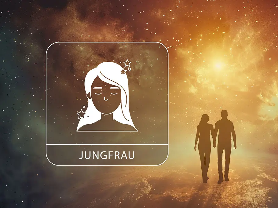 Sternzeichen Jungfrau neben einem verliebten Paar vor einem leuchtenden Hintergrund