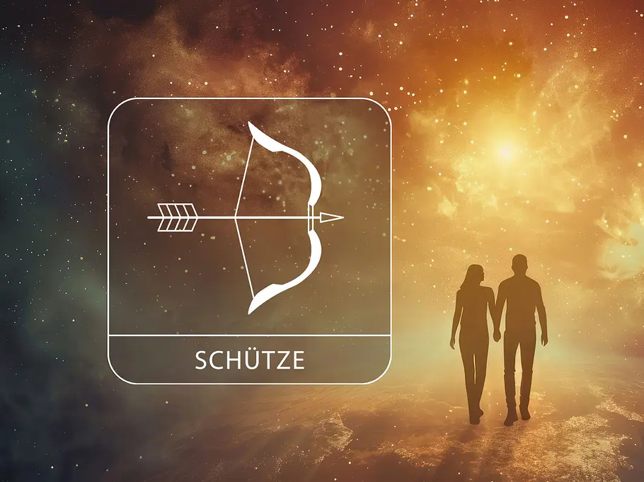 Sternzeichen Schütze neben einem verliebten Paar vor einem leuchtenden Hintergrund