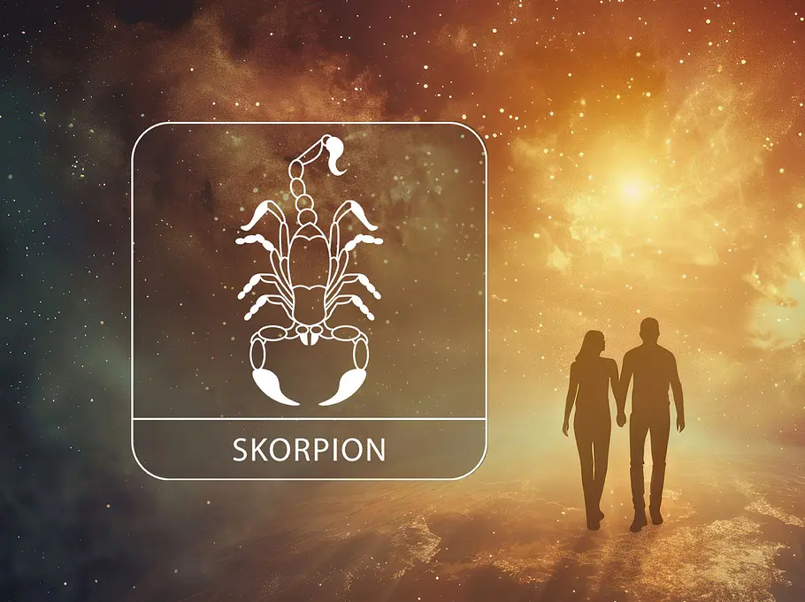 Sternzeichen Skorpion neben einem verliebten Paar vor einem leuchtenden Hintergrund