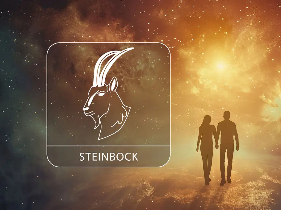 Sternzeichen Steinbock neben einem verliebten Paar vor einem leuchtenden Hintergrund