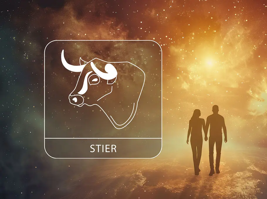Sternzeichen Stier neben einem verliebten Paar vor einem leuchtenden Hintergrund