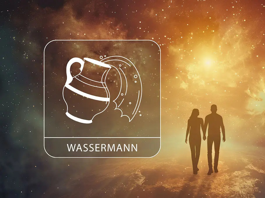 Sternzeichen Wassermann neben einem verliebten Paar vor einem leuchtenden Hintergrund