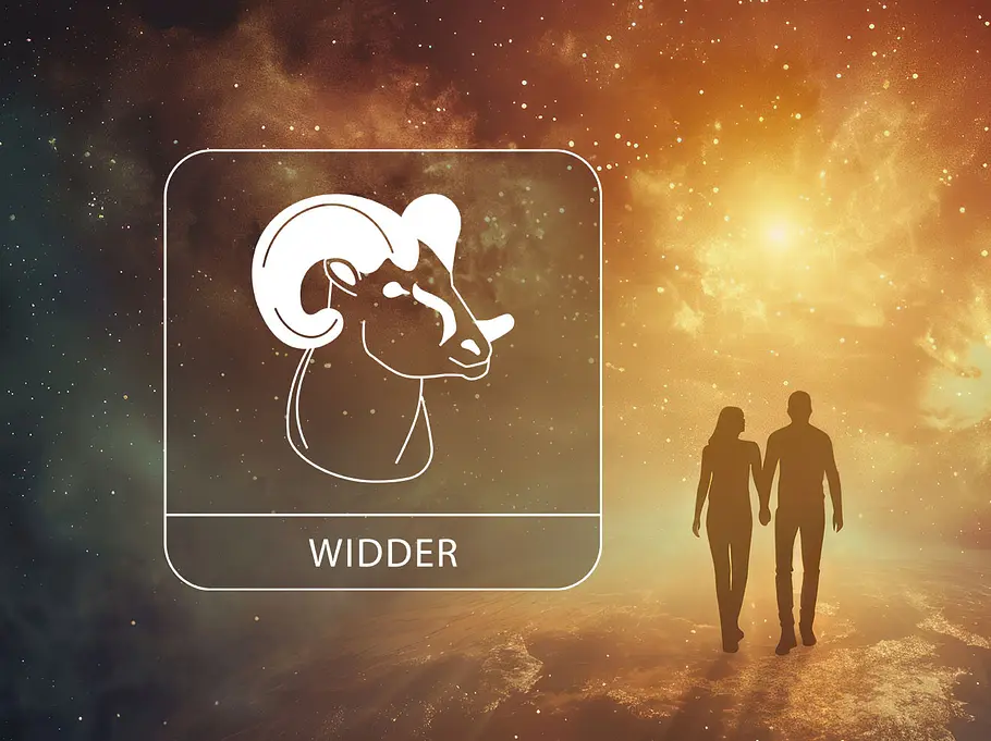 Sternzeichen Widder neben einem verliebten Paar vor einem leuchtenden Hintergrund