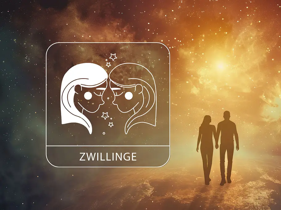 Sternzeichen Zwillinge neben einem verliebten Paar vor einem leuchtenden Hintergrund
