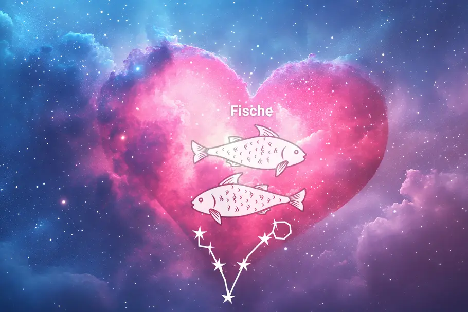 Das Sternzeichen Fische und sein Sternbild stehen vor einem Herz, umgeben von funkelnden Sternen.