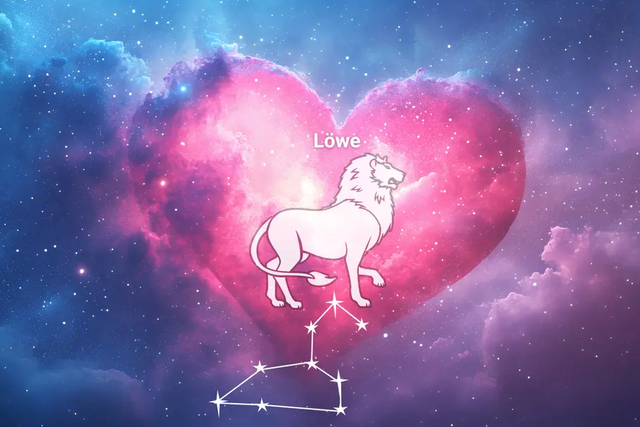 Das Sternzeichen Löwe und sein Sternbild stehen vor einem Herz, umgeben von funkelnden Sternen.