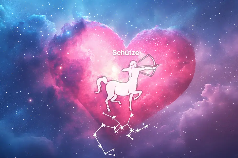 Das Sternzeichen Schütze und sein Sternbild stehen vor einem Herz, umgeben von funkelnden Sternen.