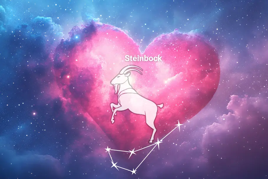 Das Sternzeichen Steinbock und sein Sternbild stehen vor einem Herz, umgeben von funkelnden Sternen.