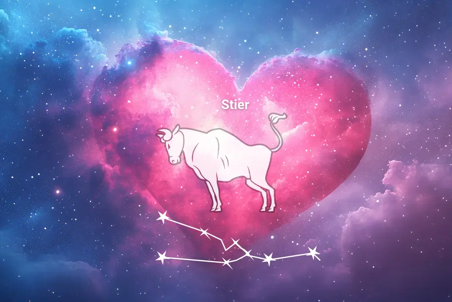 Das Sternzeichen Stier und sein Sternbild stehen vor einem Herz, umgeben von funkelnden Sternen.