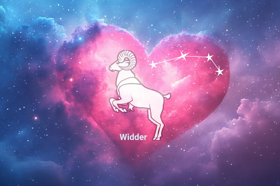 Das Sternzeichen Widder und sein Sternbild stehen vor einem Herz, umgeben von funkelnden Sternen.