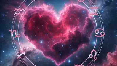 Sternzeichenkreis umrundet ein Herz im kosmischen Stil - Foto: Collage mit Digital Dreamscapes / AdobeStock & Astrowoche.de Sternzeichenkreis umrundet ein Herz im kosmischen Stil - Foto: Collage mit Digital Dreamscapes / AdobeStock & Astrowoche.de