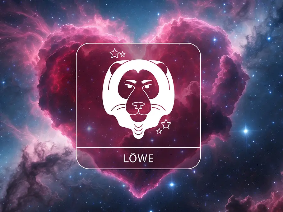 Sternzeichen Löwe vor einem Herz im kosmischen Stil