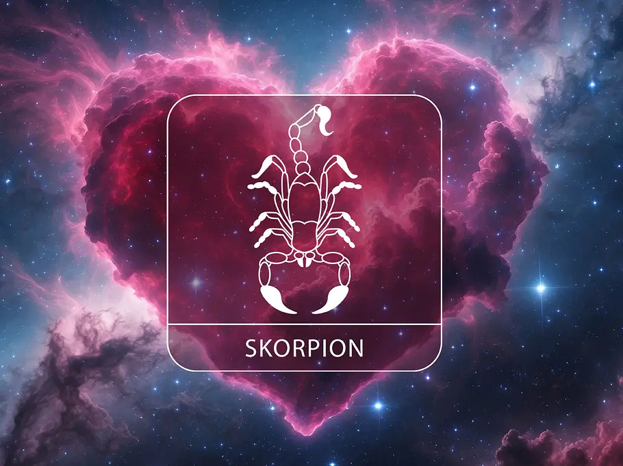 Sternzeichen Skorpion vor einem Herz im kosmischen Stil