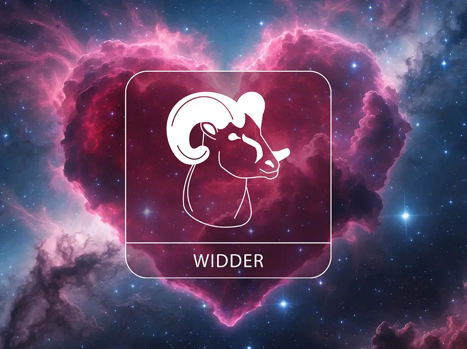 Sternzeichen Widder vor einem Herz im kosmischen Stil