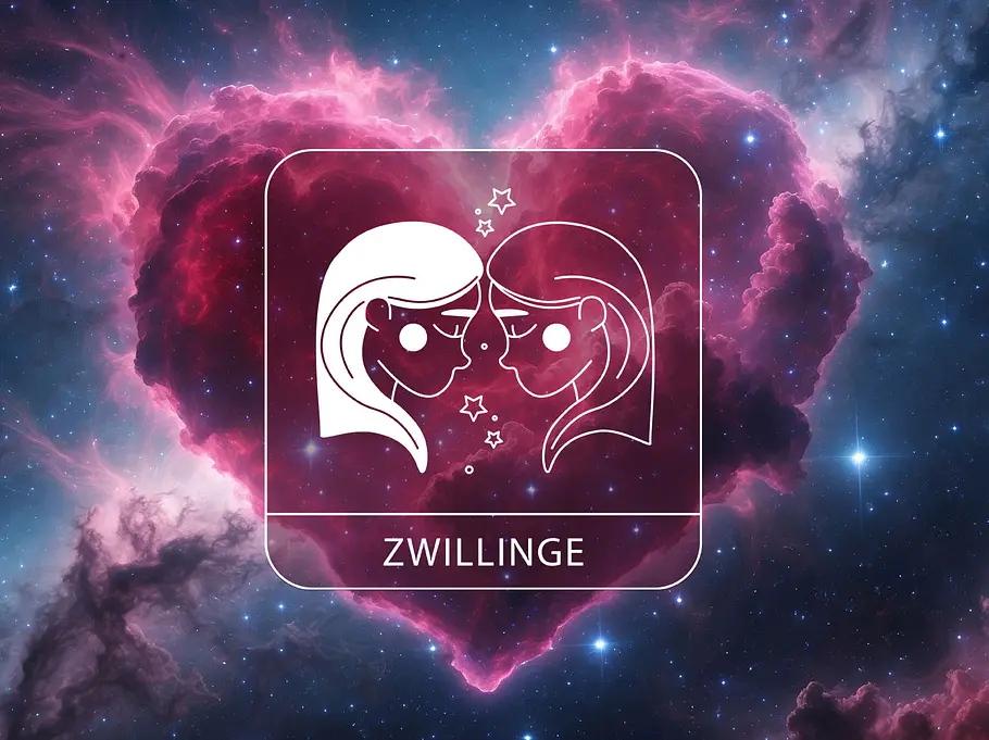 Sternzeichen Zwillinge vor einem Herz im kosmischen Stil