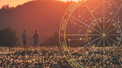 Ein verliebtes Paar auf einem Blumenfeld neben einem goldenen Sternzeichenkreis - Foto: Collage mit AdobeStock (kovop58) und Astrowoche.de