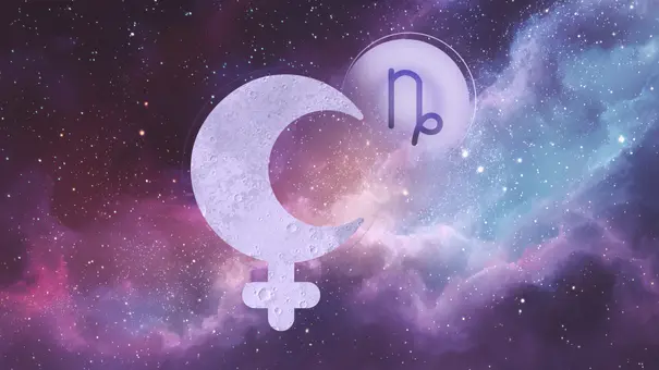 Abbildung von Mond und Sternzeichensymbol Steinbock - Foto: Collage mit AdobeStock (victor), iStock (Helen_Field) & Astrowoche.de 