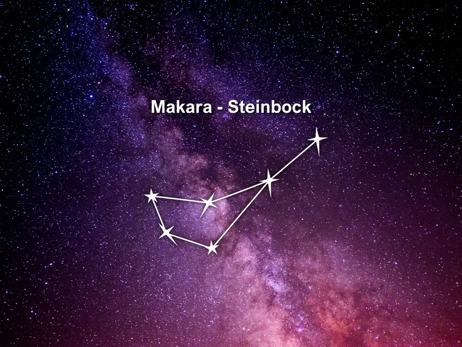 Weiße Sterne und Linien bilden das Sternbild Steinbock vor einem violettem Sternenhimmel. Darüber steht „Makara - Steinbock“.