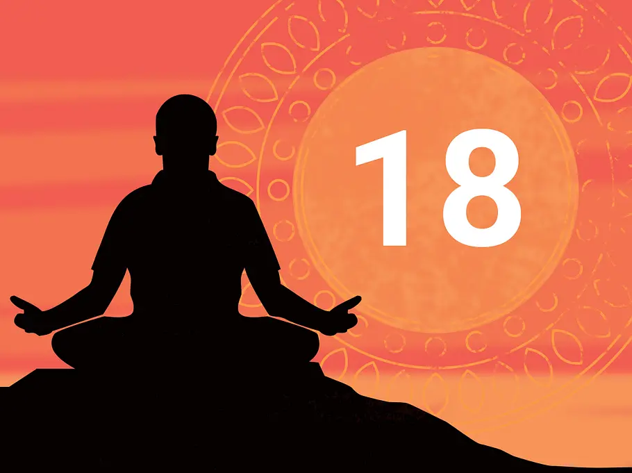 mantra-20 Schwarzer Umriss einer meditierenden Person vor einem orangefarbenen, mandalaartigen Hintergrund mit der Zahl 18