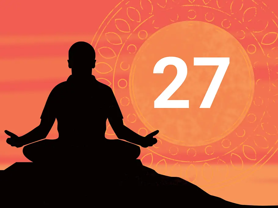 mantra-25 Schwarzer Umriss einer meditierenden Person vor einem orangefarbenen, mandalaartigen Hintergrund mit der Zahl 27