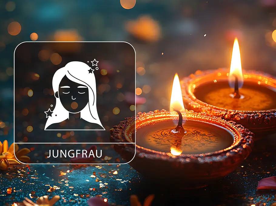 Sternzeichen Jungfrau neben zwei brennende Kerzen.