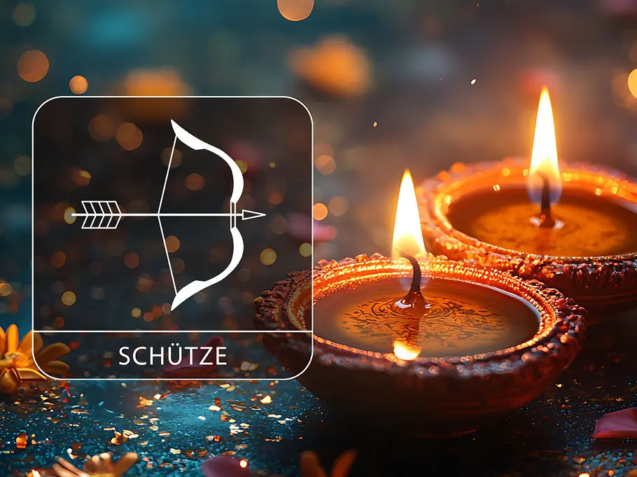 Sternzeichen Schütze neben zwei brennende Kerzen.