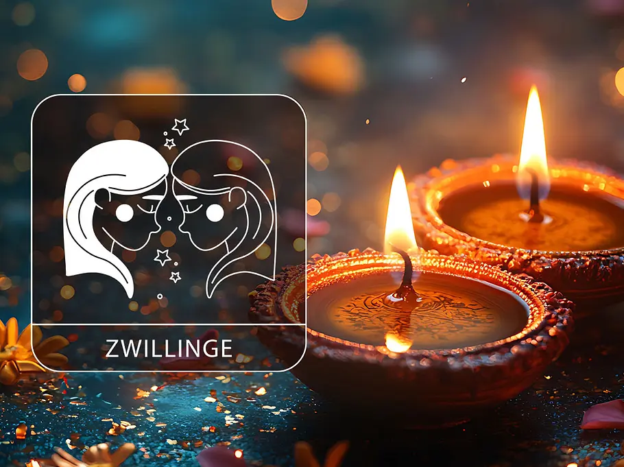 Sternzeichen Zwillinge neben zwei brennende Kerzen.