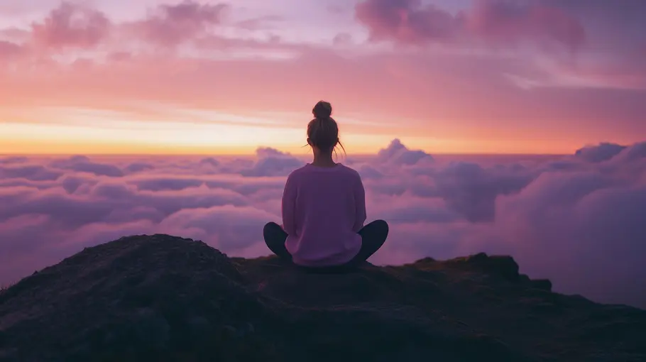 Frau sitzt im Yoga-Sitz vor einer Wolkendecke