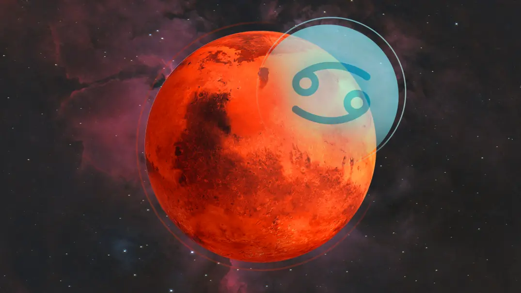Planet Mars und das Symbol des Krebses umringt von Sternen in einer dunklen Galaxie. - Foto: Astrowoche.de & iStock (CHIARI_VFX + Frank Isik)