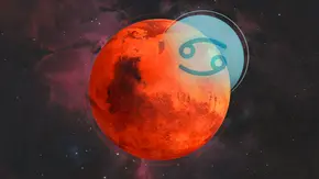 Planet Mars und das Symbol des Krebses umringt von Sternen in einer dunklen Galaxie. - Foto: Astrowoche.de & iStock (CHIARI_VFX + Frank Isik) Planet Mars und das Symbol des Krebses umringt von Sternen in einer dunklen Galaxie. - Foto: Astrowoche.de & iStock (CHIARI_VFX + Frank Isik)