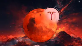 Der rote Planet Mars und das Symbol des Widders vor einem mystischen, dunkelroten Hintergrund. - Foto: Astrowoche.de & iStock (CHIARI_VFX) + AdobeStock (vadymstock) Der rote Planet Mars und das Symbol des Widders vor einem mystischen, dunkelroten Hintergrund. - Foto: Astrowoche.de & iStock (CHIARI_VFX) + AdobeStock (vadymstock)