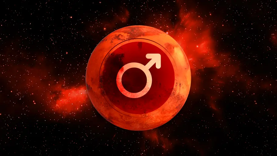 Direktläufiger Mars ab dem 24.02.2025 Mars-Zeichen im feurigen Planeten am dunklen Sternenhimmel