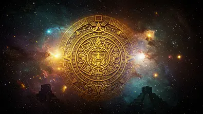 Ein goldener Tzolk’in Kalender im Universum - Foto: Vexelion/AdobeStock, KI generiert Ein goldener Tzolk’in Kalender im Universum - Foto: Vexelion/AdobeStock, KI generiert