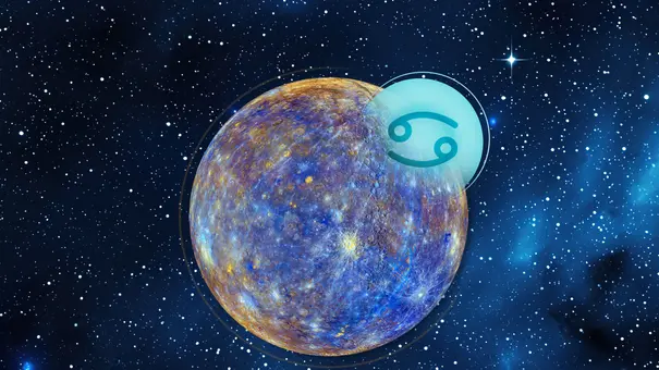 Planet Merkur und das Sternzeichen Krebs in einer blauen Galaxie - Foto: Astrowoche.de & AdobeStock (Claudio Caridi + Andrei Hasperovich)