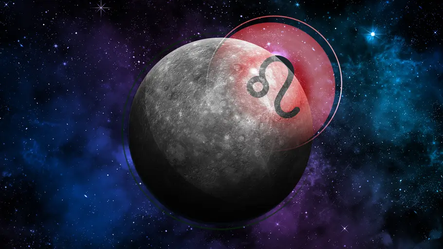 Planet Merkur und das Symbol des Löwen stehen vor einem blauen Sternenhimmel