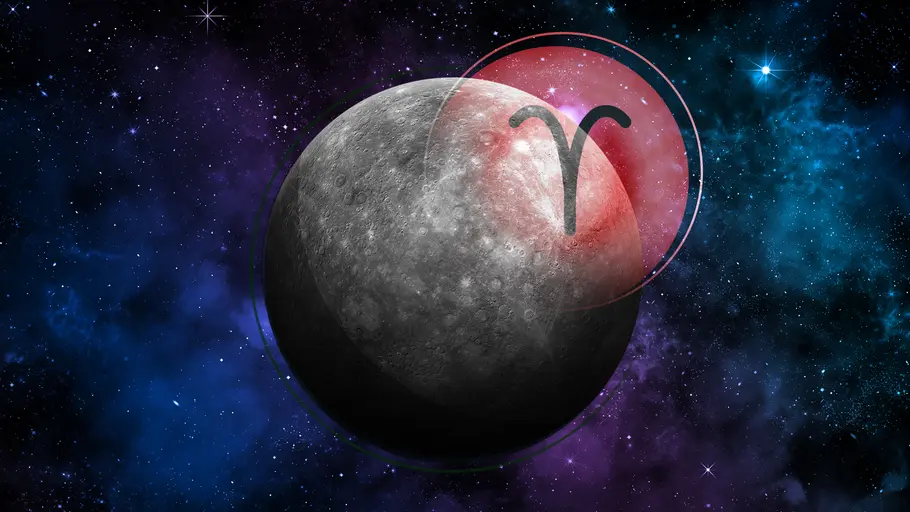 Merkur im Widder ab dem 3. März 202 Planet Merkur vor Nachthimmel mit Widder-Symbol oben rechts
