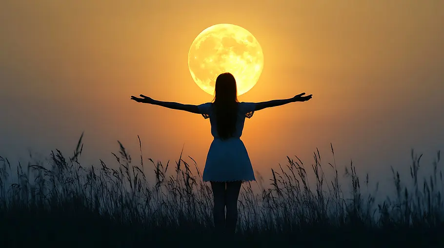 Frau steht mit ausgebreiteten Armen auf einem Feld vor dem Vollmond