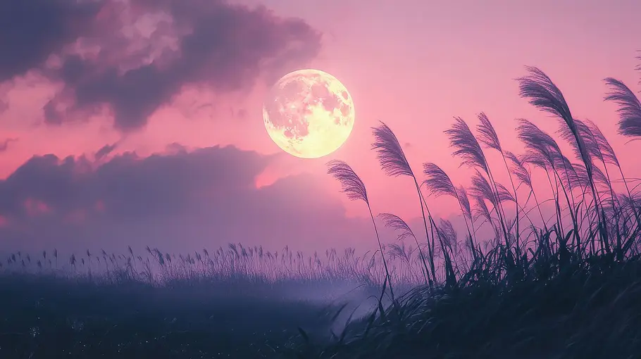 Vollmond steht am rosaroten Abendhimmel über einem Feld