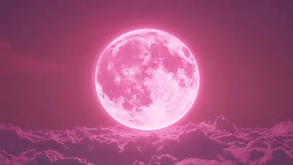 Vollmond steht in pink erleuchtet über einer Wolkendecke am Himmel - Foto: Rawpixel.com / AdobeStock (generiert mit KI)