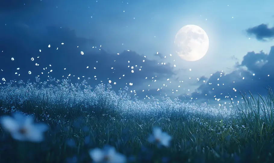 Mond-Mantra: 14. bis 20. April 2025 Vollmond steht bei Nacht über einer Blumenwiese