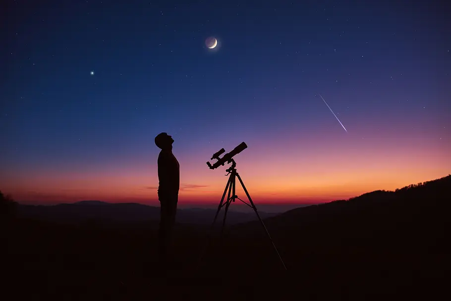Das Mondfinsternis-Horoskop ab dem 14.03.25 Mann schaut mit dem Sternengucker in den Nachthimmel zu einer Mondfinsternis
