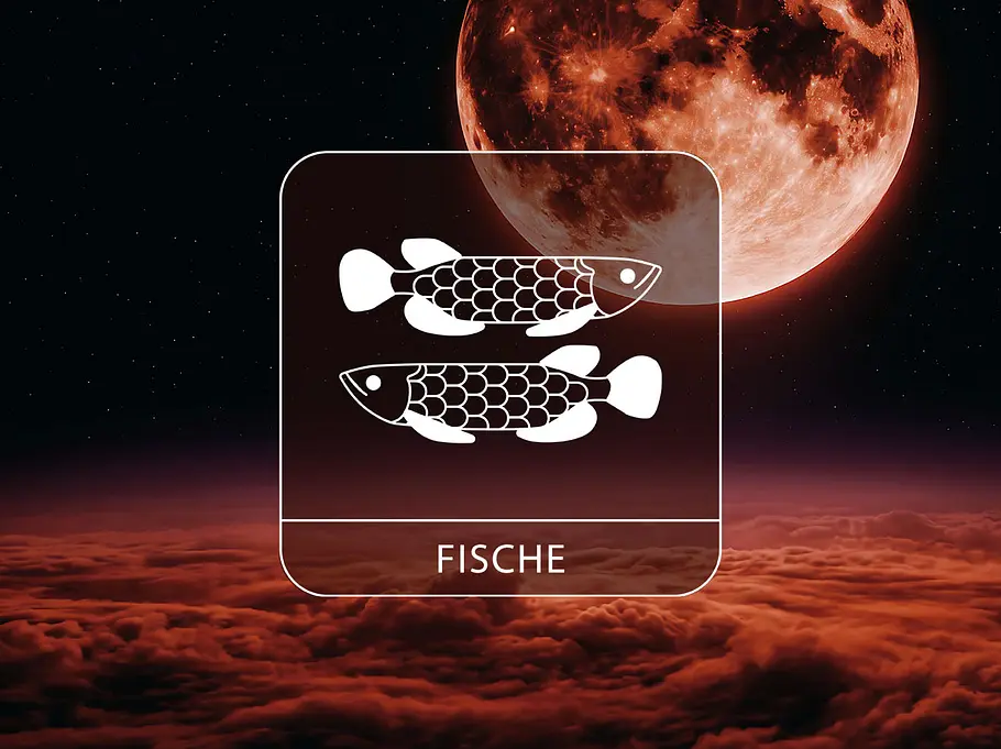 Eine Mondfinsternis mit roten Wolken und dem Sternzeichen Fische